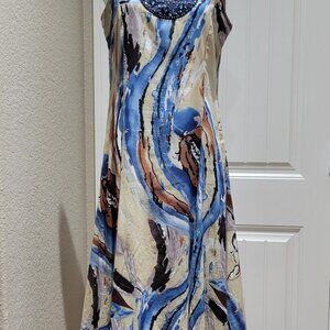 Reba Sleeveless Dress Sz 8 Cotton Print Beaded Fit n' Flare Maxi Lined Side Zip
